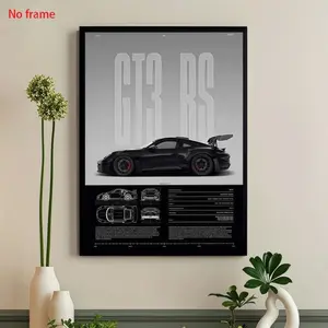 PC frameless Porsche GT3 RS Black Warrior supercar artistic art decoration printed poster, suitable for decoration on walls in living room, bedroom, office, as an art piece, gift, decoration, Artwork, 12 inches x 16 inches