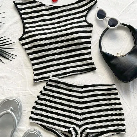 Striped Knit Asymmetrical Neckline Crop Top and Low Waist Tight Shorts Two Piece Set, Womenswear, Casual, Perfect for Parties, Beach, Carnival, Summer Wear