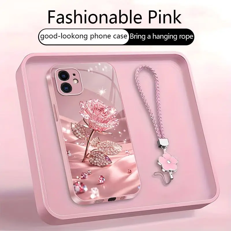Suitable for [iPhone 11 ] Luxury Crystal Rose Phone Case with Flower Wrist Strap, Metallic Finish Glass Protective Cover, Shockproof Anti-Scratch Aesthetic Phone Case JS996