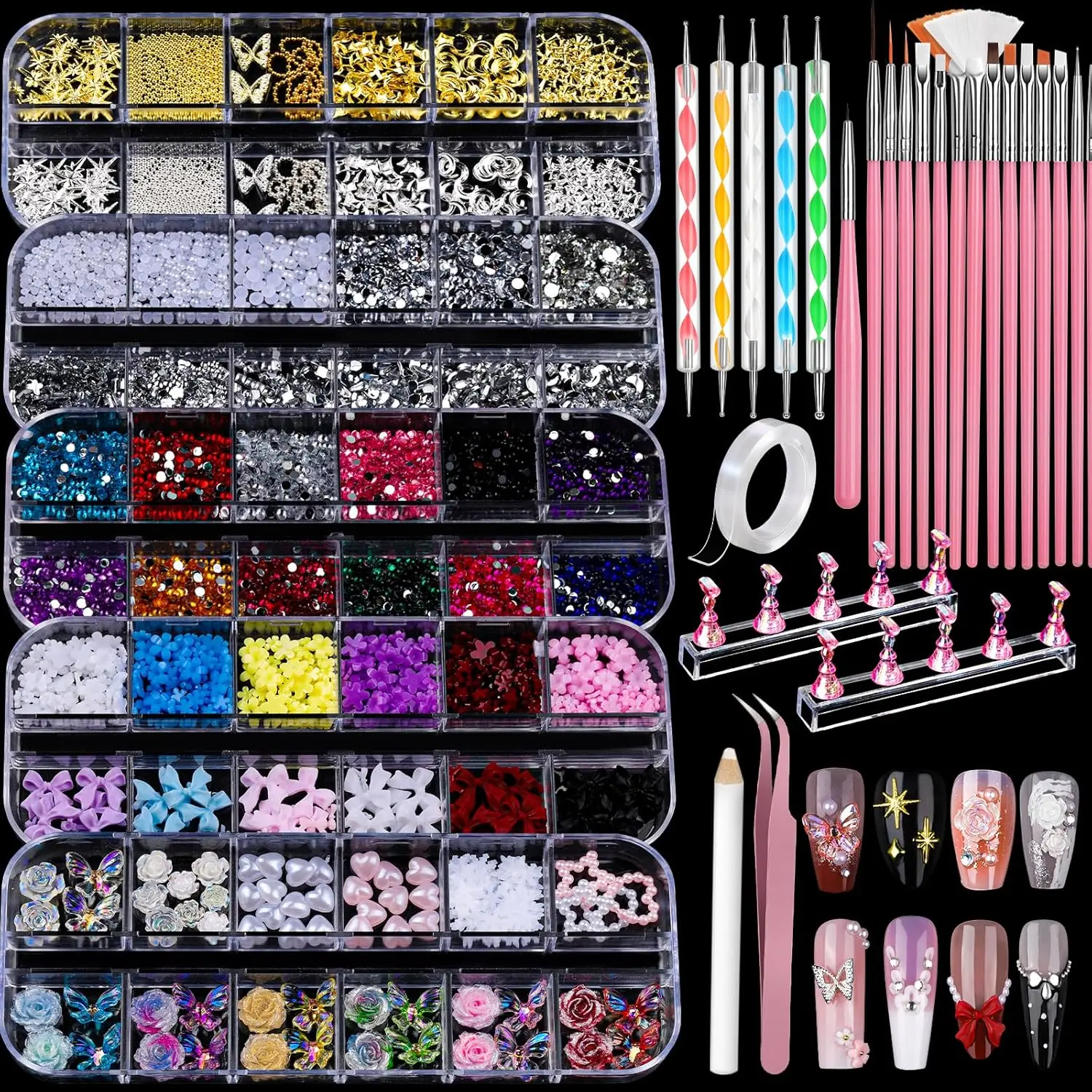 Clear Nail Art Kit, 5 Boxes of 3D Charms & Gems Rhinestones, 15 Art Brushes, 5 Dotting Tools, 2 Sets of Stands & Cuticle Tools