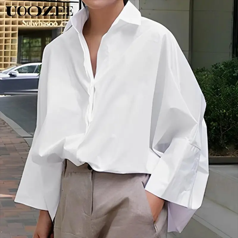UOOZEE Women's White Oversized Long-Sleeve Collared Blouse - Soft Basic Polyester Fabric, Loose Fit, Comfortable Business Casual Chic Top, Versatile for Commuting/Going Out, All-Seasons Blouses (Size Runs 1 Size Larger)