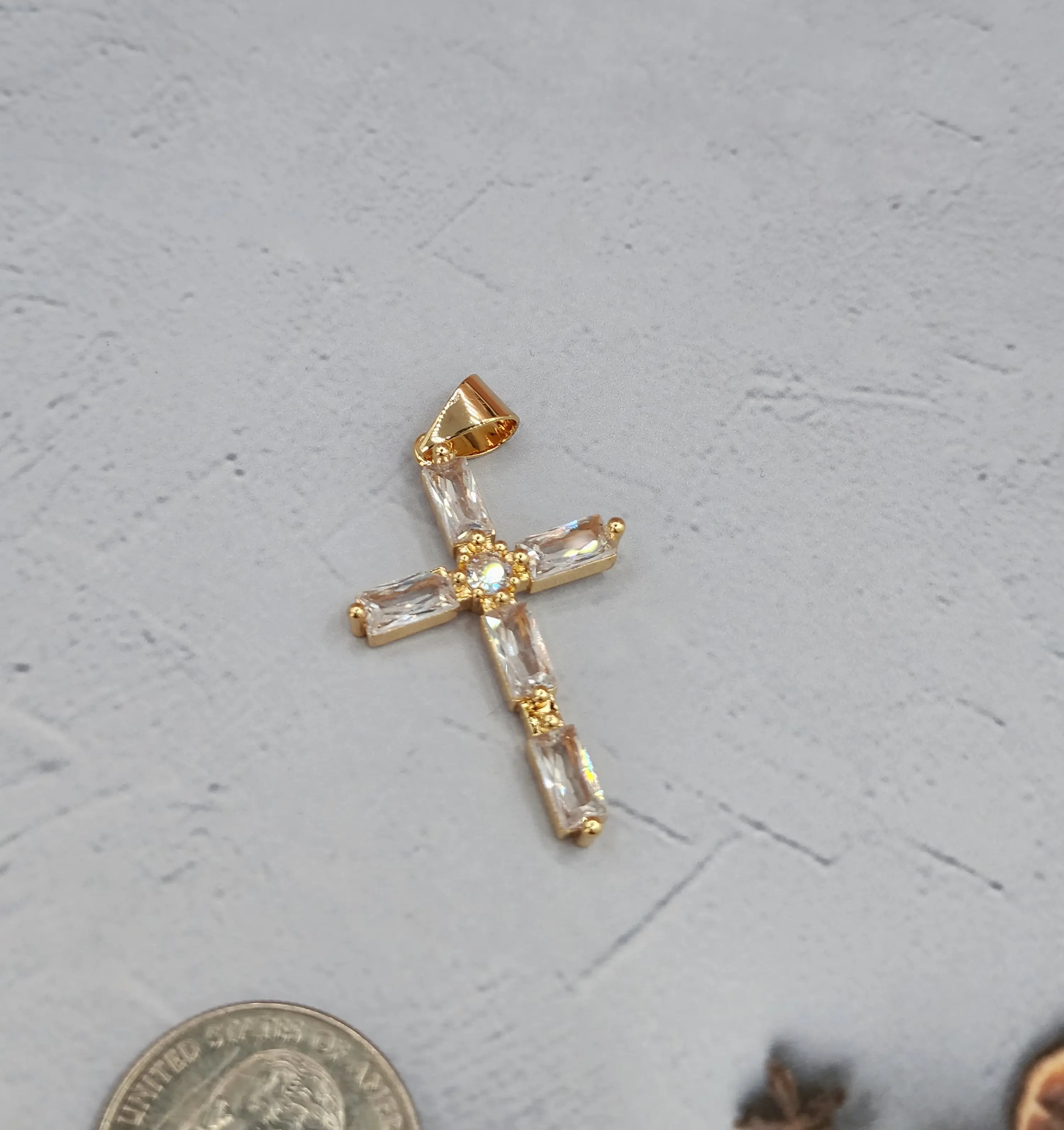 cross pendant gold plated small clear stones NO CHAIN