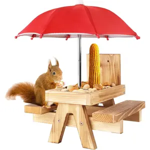 Gnodary  Feeder with Umbrella,  Feeders for Outside,  Picnic Table Feeder - Chipmunk Feeder Hold Corn, Corn Cob, Peanuts (Bright-Red)