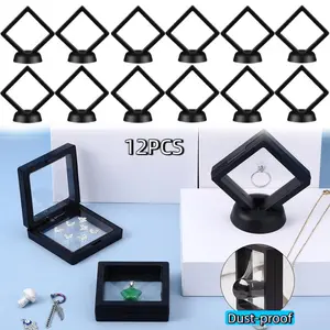 12 Packs Clear Film Jewelry Storage Box Plastic Frame Stand, 2.7in Black Floating Display Case for Challenge Coin Fossils Rocks Shark Tooth Butterfly