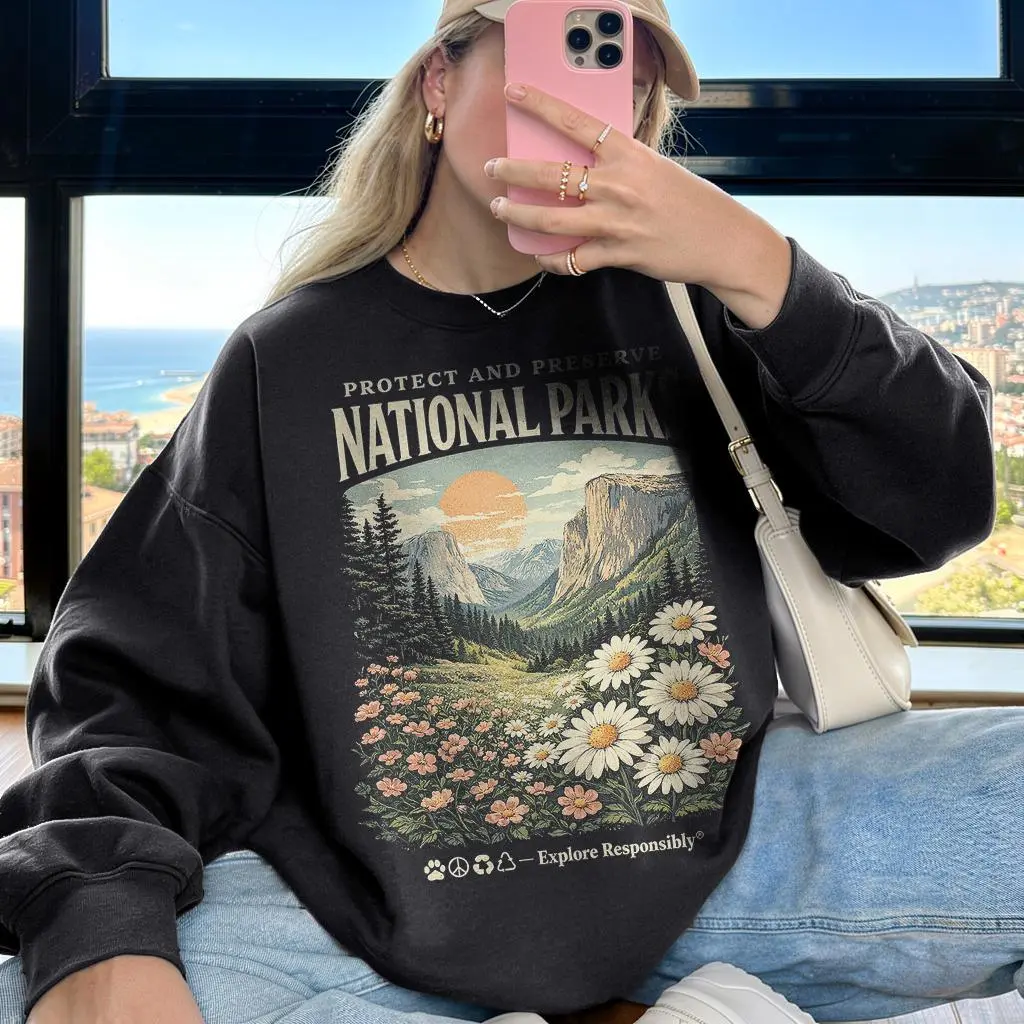 Protect and Preserve National Parks Sweatshirt, Vintage Mountain Landscape Wildflower Conservation Crewneck Sweatshirt Sweatshirt Gift