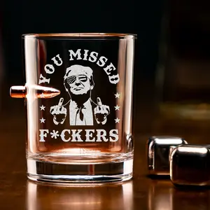 Engraved Trump You Missed Bullet Whiskey Glass MAGA 11oz Rock Glass Gifts for Men Drinkware USA Made Lead-Free Etched by Hand Glassware Set