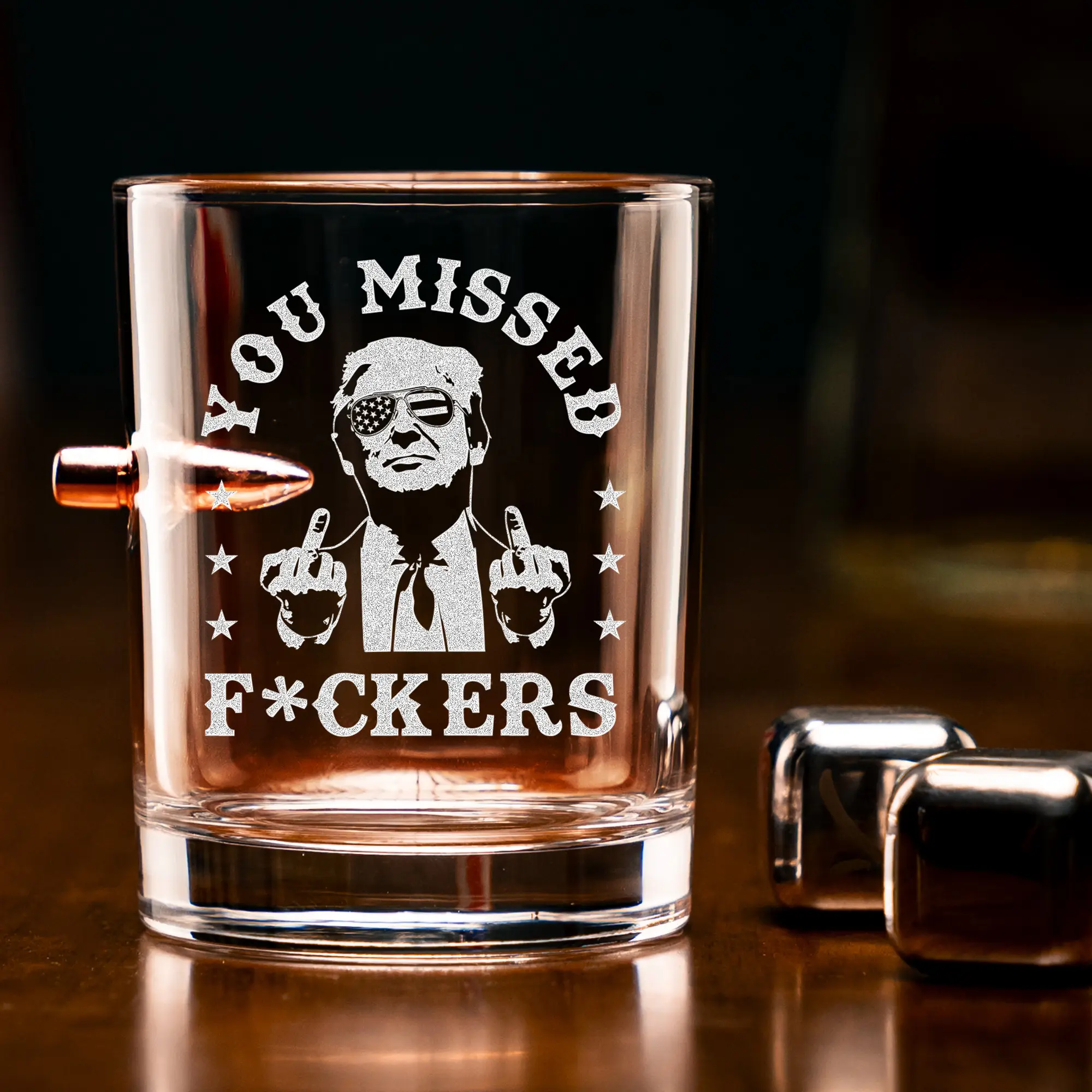 Engraved Trump You Missed Bullet Whiskey Glass, MAGA 11oz Rock Glass Gifts for Men Drinkware