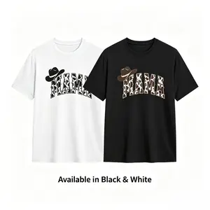 Western Mama Cow Print Shirt, Howdy Retro Cowboy Hat Tee, Southern Aesthetic Mother's Day Gift, Vintage Country Style Graphic Top, Cotton Black & White