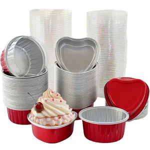 100Pcs Mini Aluminum Foil Cake Pans with Lids, 3.4oz/4oz Disposable Cupcake Baking Cups Loaf Pans Pie Tins Muffin Cheesecake Containers for Wedding Birthday Valentines Red Heart Round
