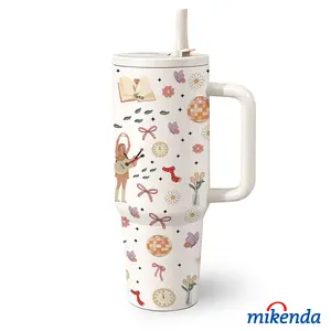 1 Pc 40 Oz Stainless Steel Water Cup with Handle and Foldable Straw, Vintage Girl and Floral Elements Design, Double Wall Insulated Thermal Mug, Hot 12H/ Cold 24H, Fun Drinkware, Perfect Mother's Day, Easter or Birthday Gift for Friends and Family.