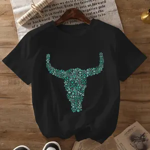 Women's Western Turquoise Longhorn Graphic Print T-Shirt - Short Sleeve Round Neck Casual Top, Machine Washable Summer & Spring Tee with Vibrant Southwestern Design, Nontransparent Fabric