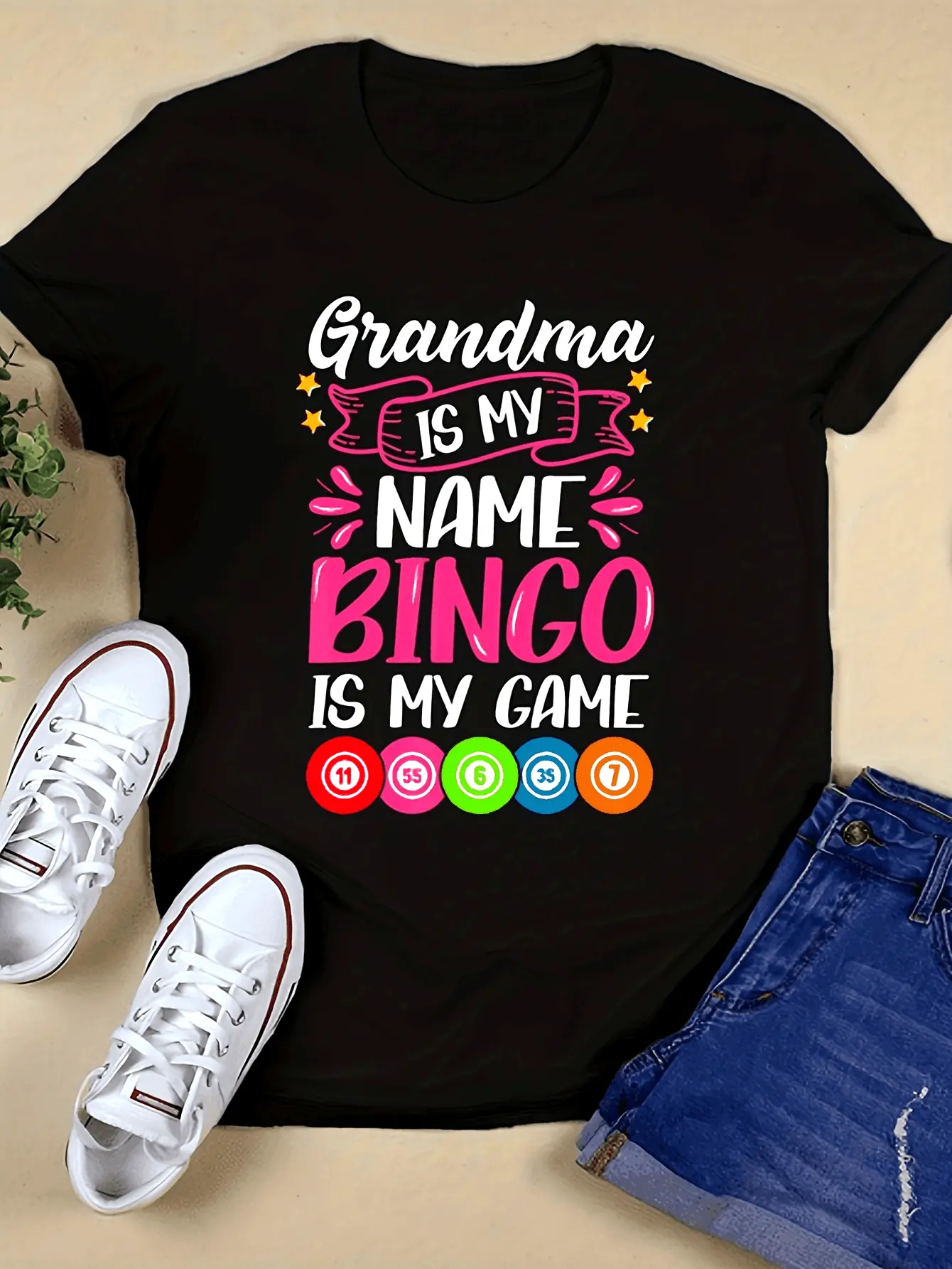 Menswear Round Neck Short Sleeve Tee - Classic, Novelty, Breathable Summer Casual Top with Funny Bingo Grandma Quote, Colorful Bingo Balls, Ribbon Graphic