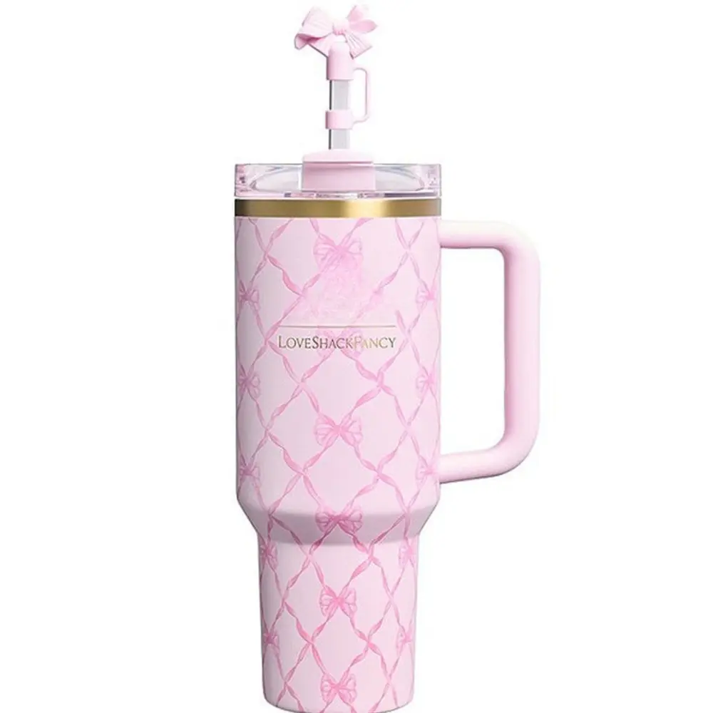LoveShackFancy 40oz Baby Bow Pink Peppermint Gift Water Bottle Tumbler, Themos Quencher H2.0 Tumbler