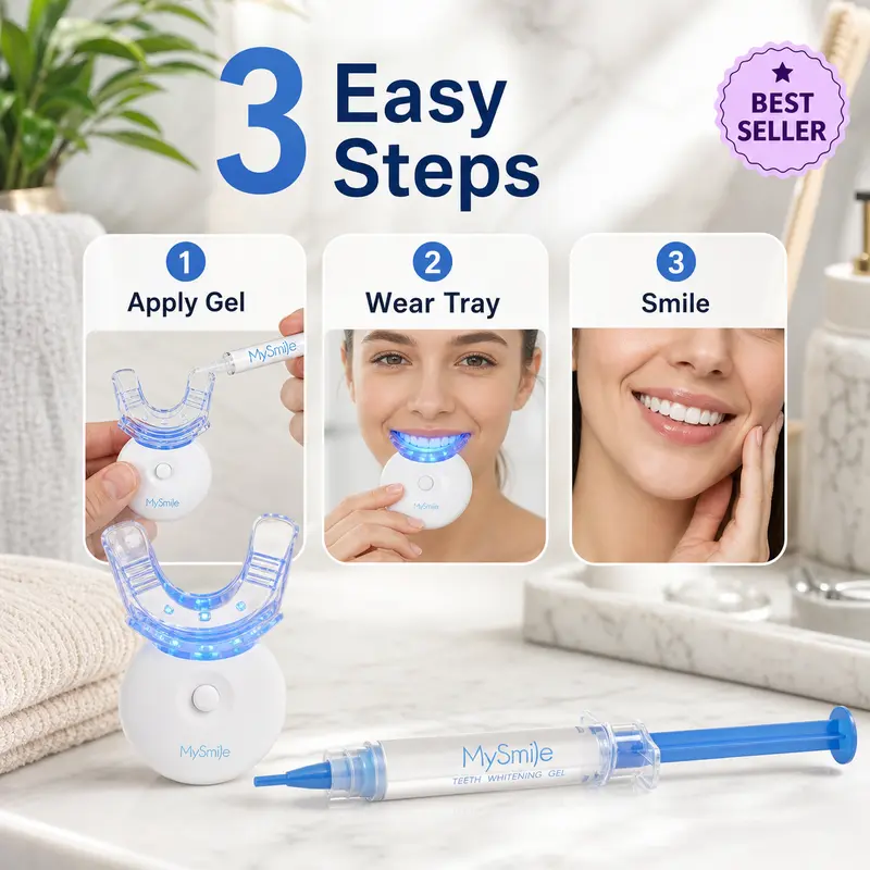 MySmile 10-Min Teeth Whitening Kit - 5 Blue Light LED Mouthpiece, Unscented Carbamide Peroxide Gel, Oral Stain Remover for Coffee & Wine Stains (Sensitive Teeth Friendly, Teeth Brightening), Teeth Brightener, Moisturizing, Batteries