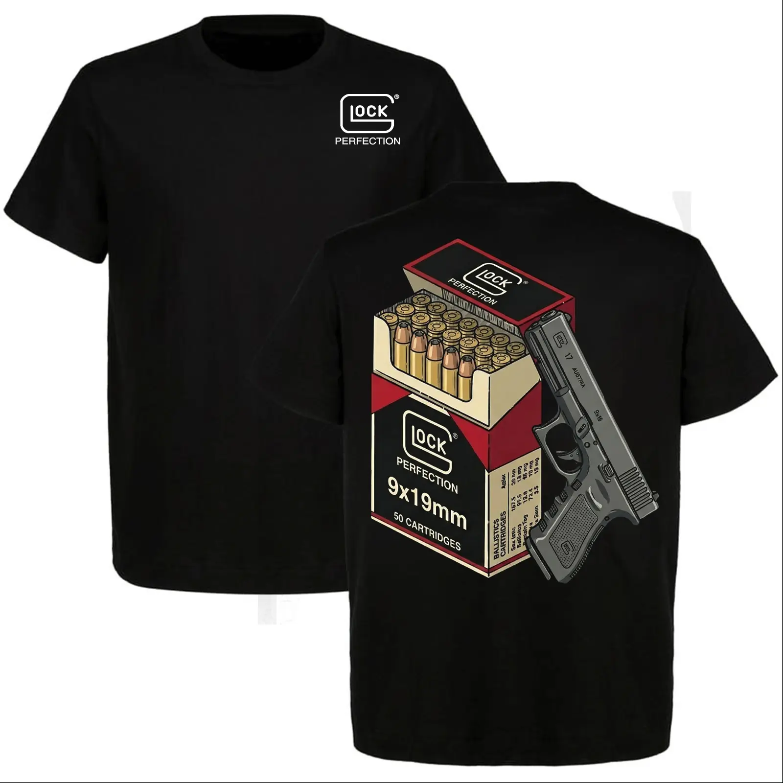 Glock Perfection 9mm Amo Box Graphic T-Shirt, Glock Tee for Gun Enthusiasts, Tactical Gear, Full Size, Full Color