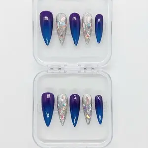AK COSMETICS Press On Nails - Blue & Purple Gradient Cat-eye with Silver Holographic Accents and Sparkly Rhinestones - Stiletto Shape - Easy Application - Perfect for Any Occasion