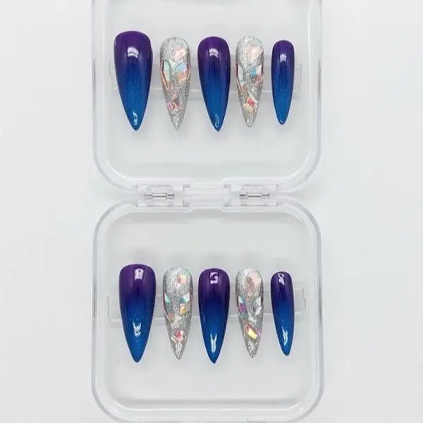 AK COSMETICS Press On Nails - Blue & Purple Gradient Cat-eye with Silver Holographic Accents and Sparkly Rhinestones - Stiletto Shape - Easy Application - Perfect for Any Occasion