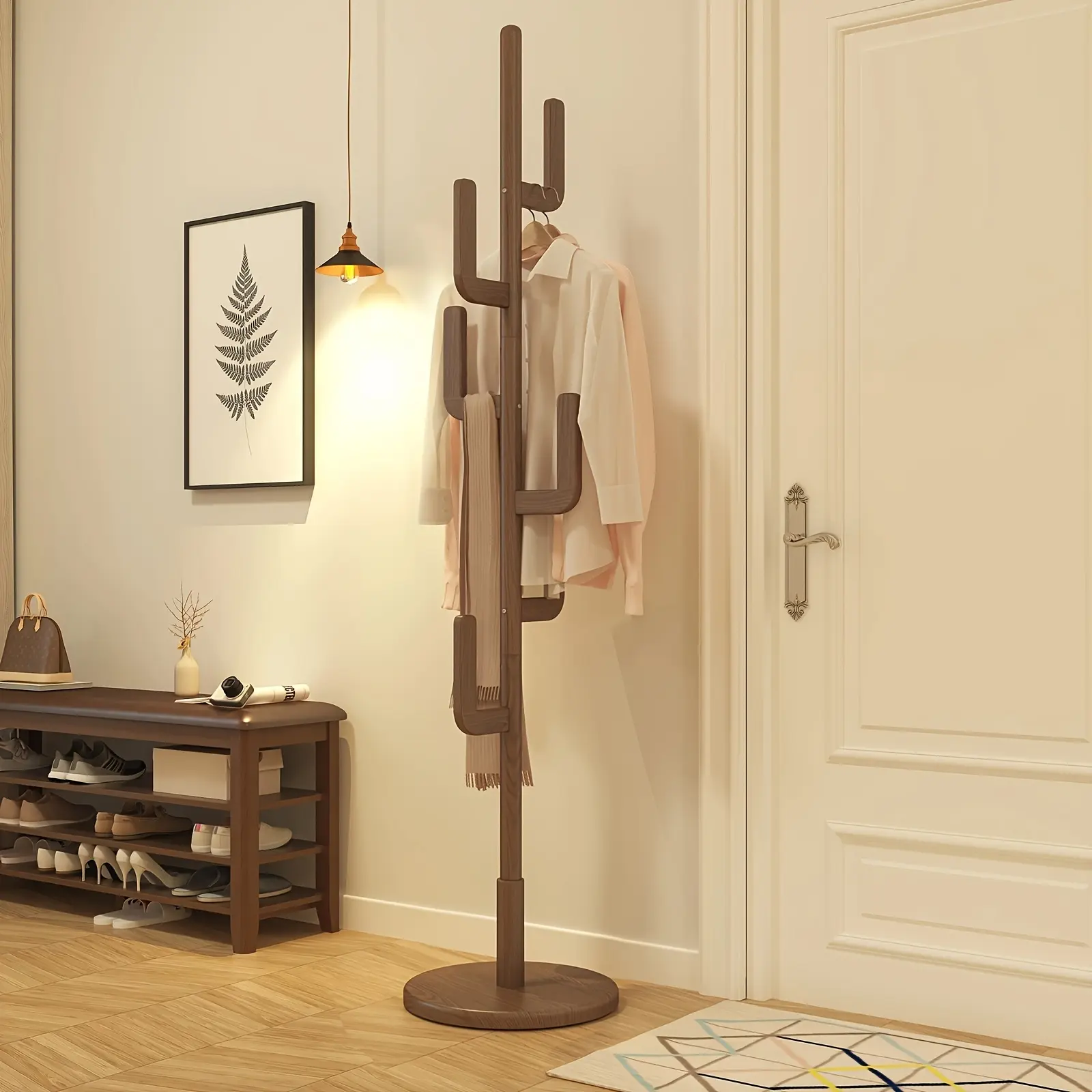 [6 L-shaped Hooks Coat Rack Stand] Coat Rack, Solid Wood Cactus Coat Rack Stand, Freestanding Coat Rack With 6 L-shaped Hooks And 3 Adjustable Sizes, Sturdy And Easy To Assemble Coat Tree For Entryway, Bedroom