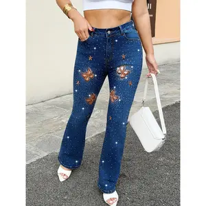 Party Focus Shining Hot Diamond Classic Butterfly Hollow Embroidery Design Women's Jeans Deep Blue Elastic Micro Flared Women's Bellbottom Pants