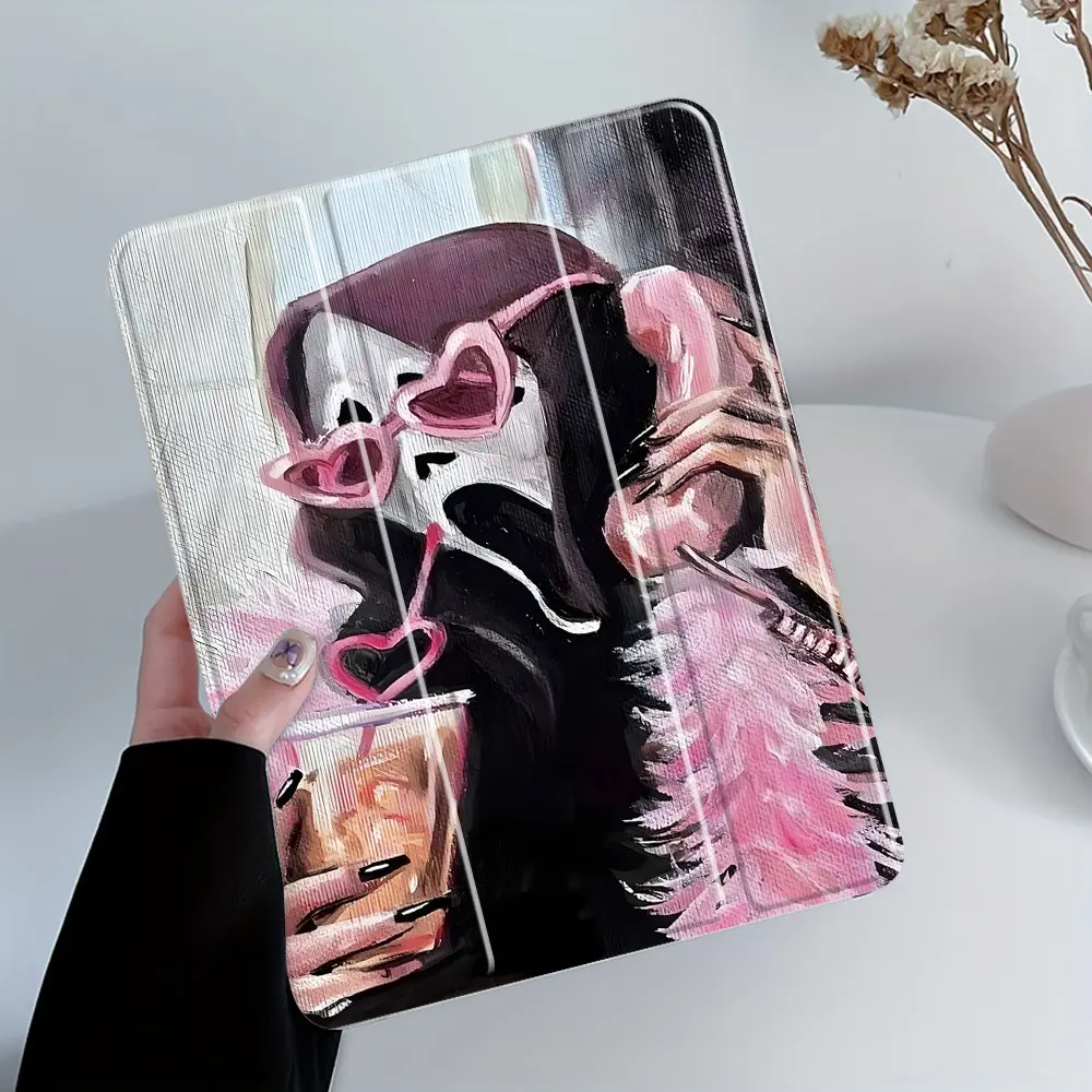 Gothic Aesthetic Ghost Face iPad Protective Case, Pink Sunglasses Auto Wake/sleep, Anti-Drop Scratch-Resistant, Transparent Acrylic Back, Fits iPad 7.9/10.2/10.5/10.9/11/12.9 inch, Shock-resistant Full Cover, Tablet Accessories