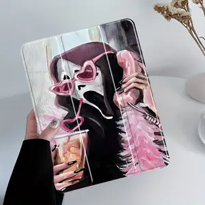 Gothic Aesthetic Ghost Face iPad Protective Case, Pink Sunglasses Protective Cover Auto Wake/sleep,Anti-Drop Scratch-Resistant,Transparent Acrylic Back,Fits iPad 7.9/8.3/10.2/10.5/10.9/11/12.9 13 inch,Shock-resistant Full Cover Ideal for Office