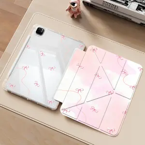 Pink Watercolor Bow iPad Case with Transparent Acrylic Y-Fold Stand, All-Round Shockproof & Scratch-Resistant Protective Cover, Compatible with iPad 7.9/8.3/10.2/10.5/10.9/11/12.9/13 inch, Ideal Gift for Soft & Romantic Aesthetic Fans, Girls & Teens