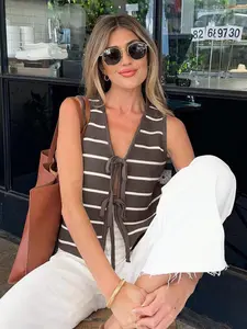 Women's Striped Knitted Vest, V Neck Tie Front Sleeveless Casual Top, Vacation/everyday/ocean/selfie/home/commute Lazy Style