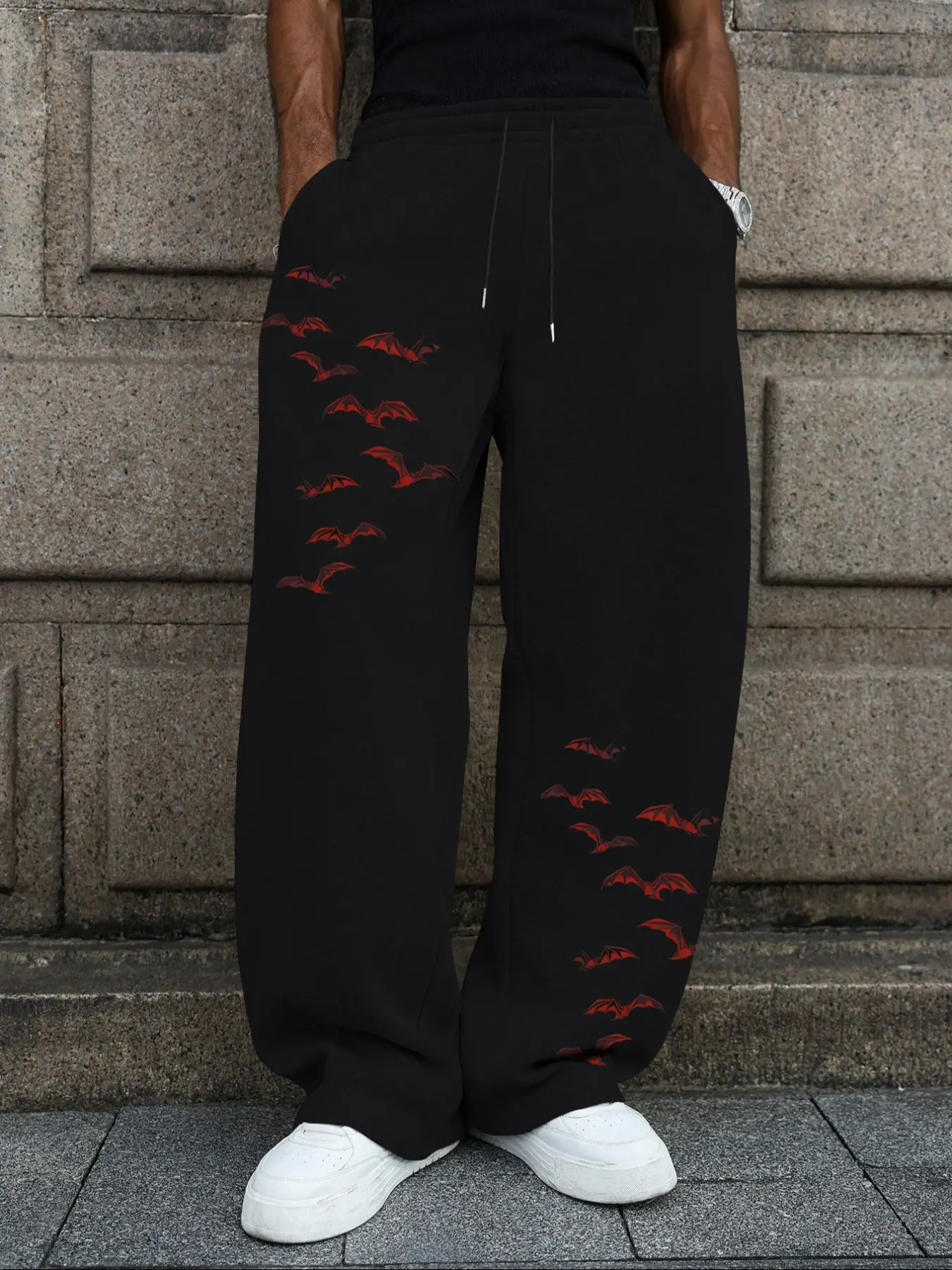Men's Casual Sporty Long Pants, Bat Pattern Print, Drawstring Wide Leg, Loose-Fitting, All Seasons, Graphic Style