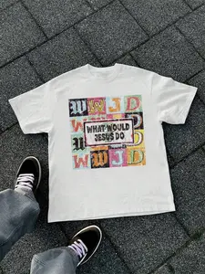 WWJD Graphic T-Shirt, What Would Jesus Do Vintage Christian Faith Tee, Aesthetic Streetwear Y2K Religious Top, Trendy Casual Crew Neck Tee for Daily Wear Church Gathering, Viral Faith-Based Graphic Tee for Men Women Teens