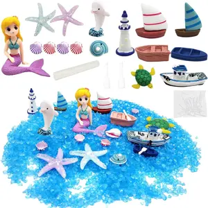 21 count Miniature Garden Accessories, Blue Sand and Miniature  Dolphin Boat Steamship Figurines Decorations,  Beach  Seaside Scene DIY Decor Kit
