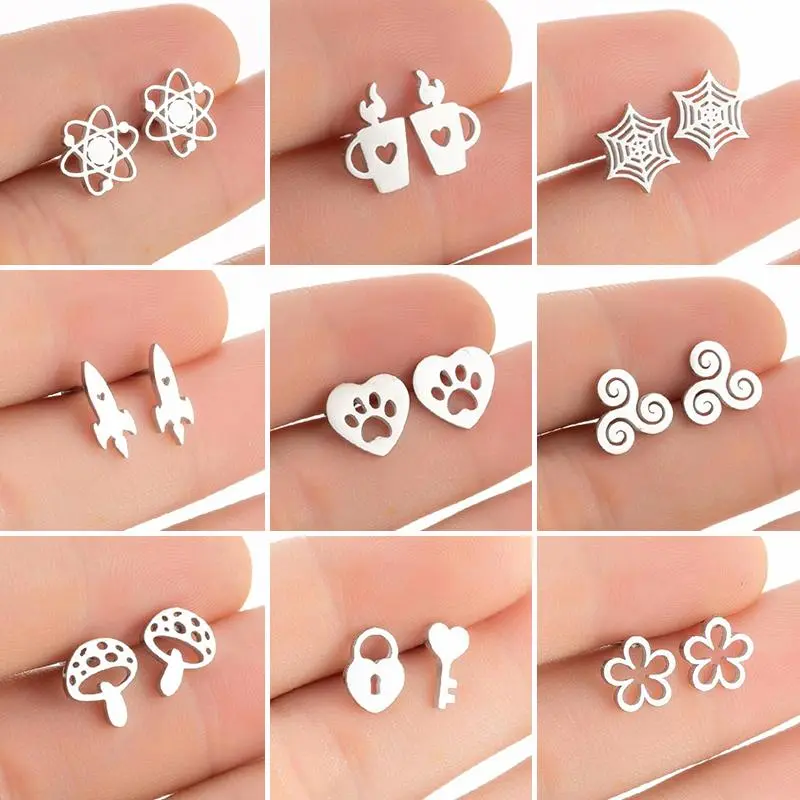 Lovely Dog Paw Earrings Women Multiple Stainless Steel Earings Fashion Jewelry Mushroom Rocket Lighter Ear Studs Weird Gift