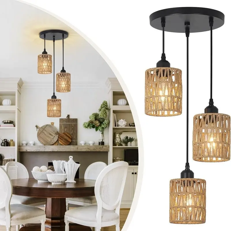 Zmh Vintage Round Chandelier with Hemp Rope Shade, E27 Socket, Ideal for Dining Room Kitchen Living Room, 3-Light Fixture, Light Decor