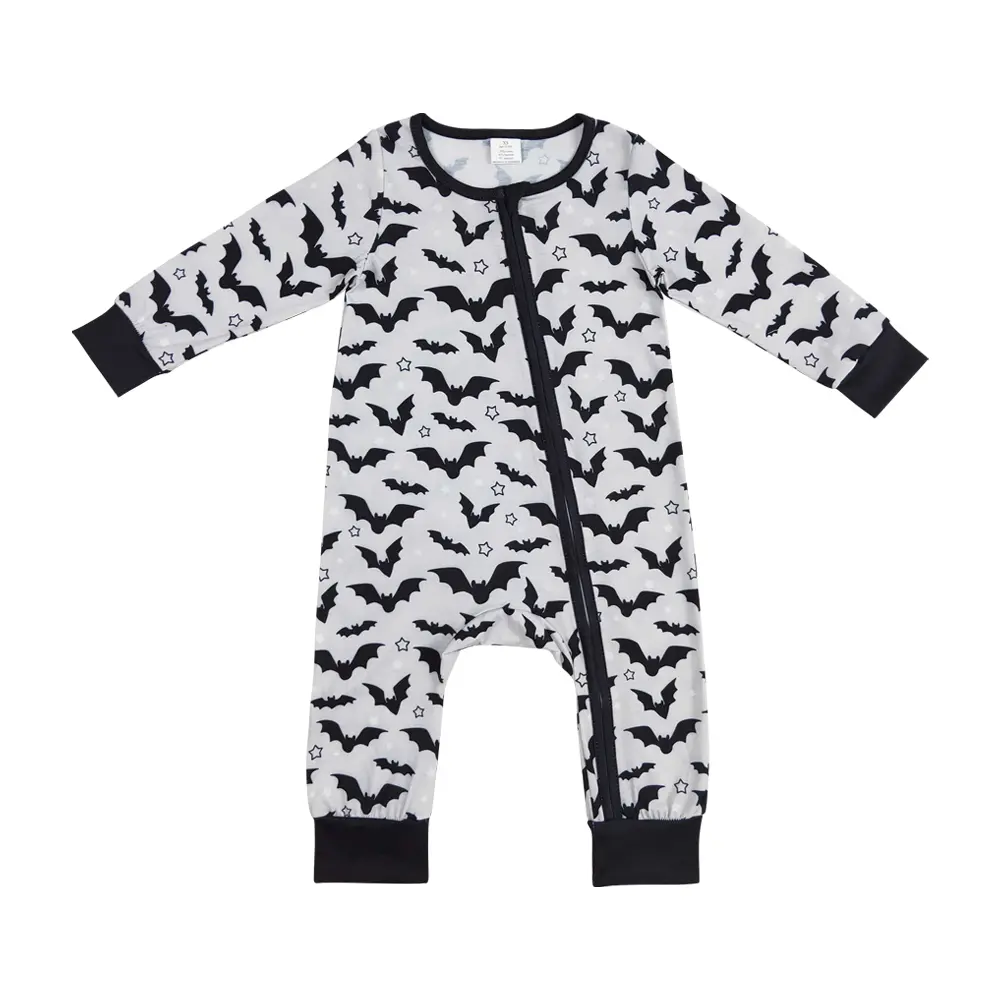 Bat Print Long-Sleeve Hooded Full-Length Zipper Baby Romper Jumpsuit - Infant-Toddler Boys' Holiday All-Seasons Kids' Fashion Top, Baby Clothing, Infant Toddler Clothes