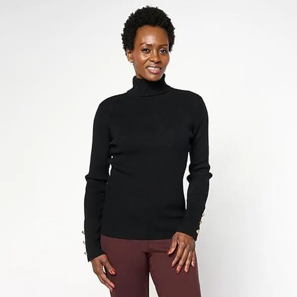 TWRHLL by Christie Brinkley Knot Button Rib Knit Turtleneck Sweater