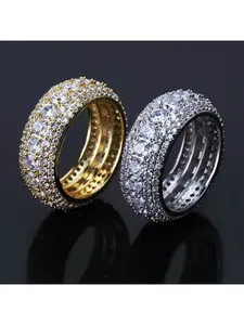 Men's Hip Hop Eternity Ring, 18K Gold Plated Full CZ Diamond Band, Iced Out Two-Row Tennis Ring for Men, Rapper Bling Jewelry Gift