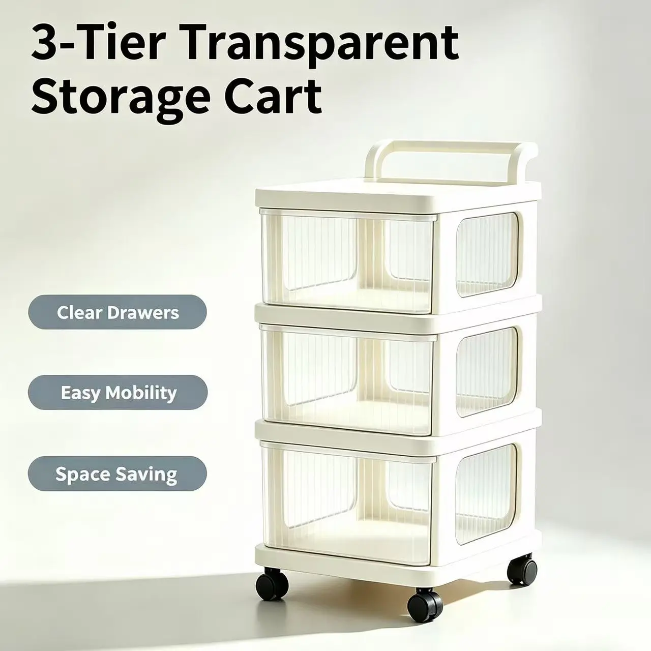 3-Tier Rolling Storage Cart with Clear Pull-Out Drawers, Movable Handle Utility Organizer Cart with Silent Wheels, Multi-Scene Space-Saving Storage Cabinet for Bedroom Bathroom Kitchen Entryway Office Toy Snack Sundries Storage