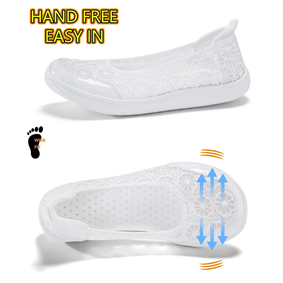 Women Wide Fit Wide Toe Slip On Walking Flats, Hands Free Easy In Casual Shoes, Breathable Hollow Lace Mesh Upper Lightweight Non-Slip Soft Sole Daily Comfort Footwear for Ladies