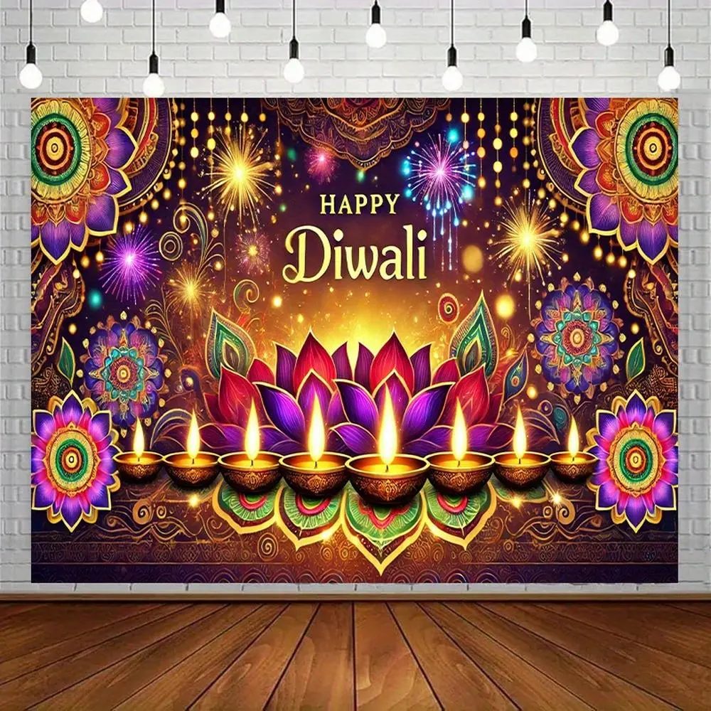 1pc 2D Flat Happy Diwali Textile Photography Backdrop - Vibrant Mandala, Lotus Flowers, Diya Motifs, Multiple Sizes, Bright Pink/White/Beige, Party & Studio Decoration