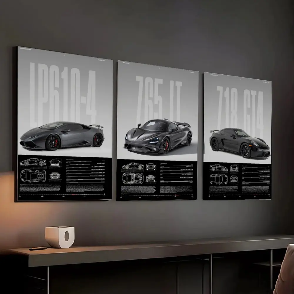 3 Pieces Metallic Speed Car Poster Canvas Print - Dazzling Focus Trendy Minimalist Vehicle Graphic, Male-Targeted Art Wall Decoration for Modern Home Bedrooms