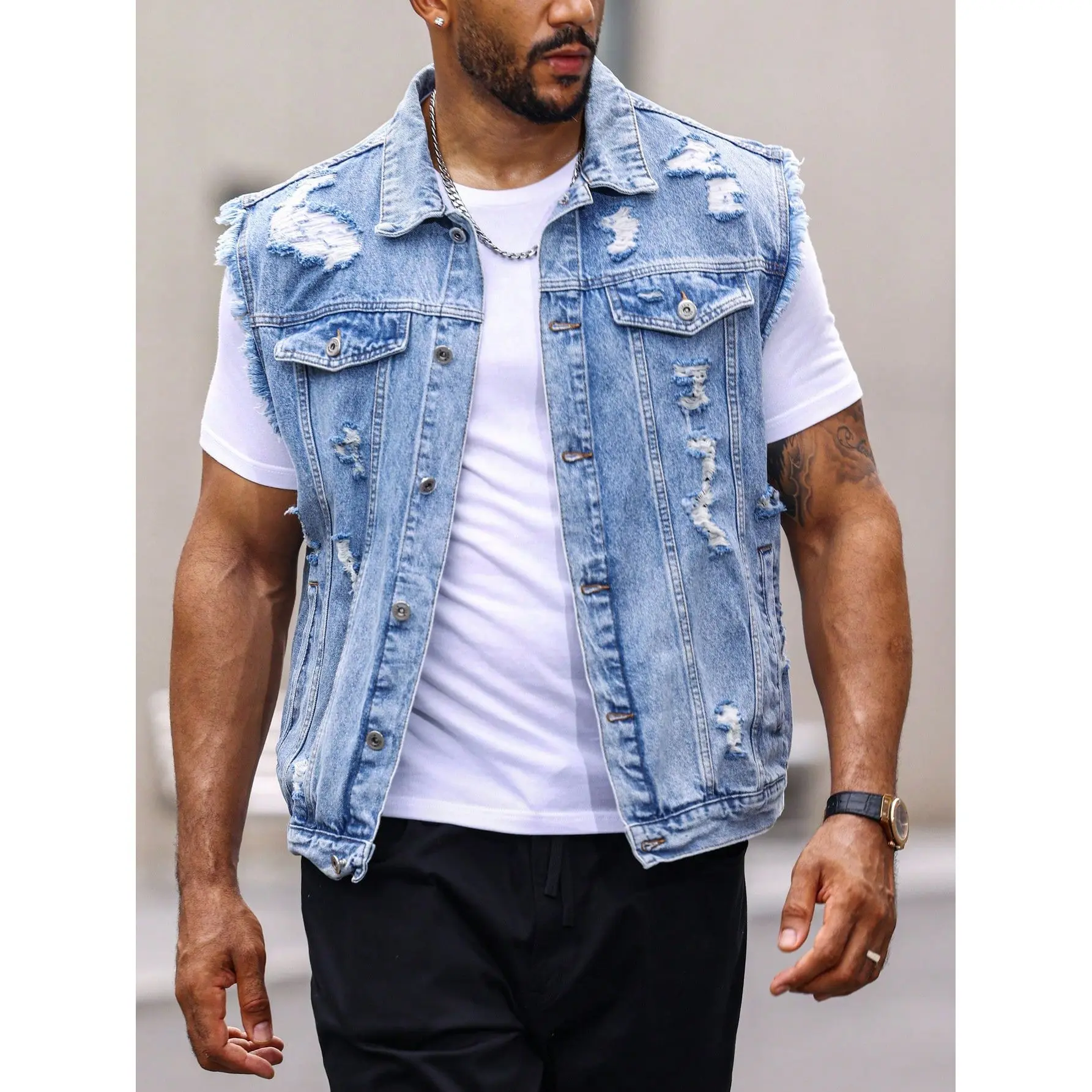 2026 Summer Men’s Light-Wash Distressed Denim Vest, Casual Sleeveless Ripped Waistcoat for Daily Wear. This trending denim vest is made of premium, fade-resistant and skin-friendly fabric, with frayed armholes, ripped accents and a classic western cut.