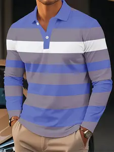 Men's Long Sleeve Striped Polo Shirt, Blue Colors, Classic Collar with Buttons, Casual Business Wear, Comfortable Fit