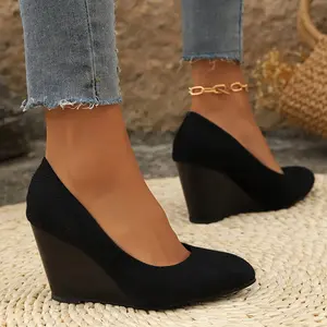 Fashionable Women's Black Wedge Shoes - Slip-On, Comfortable High Heels Suitable for Parties and Casual Wear, Striped Fabric with Faux Leather Lining
