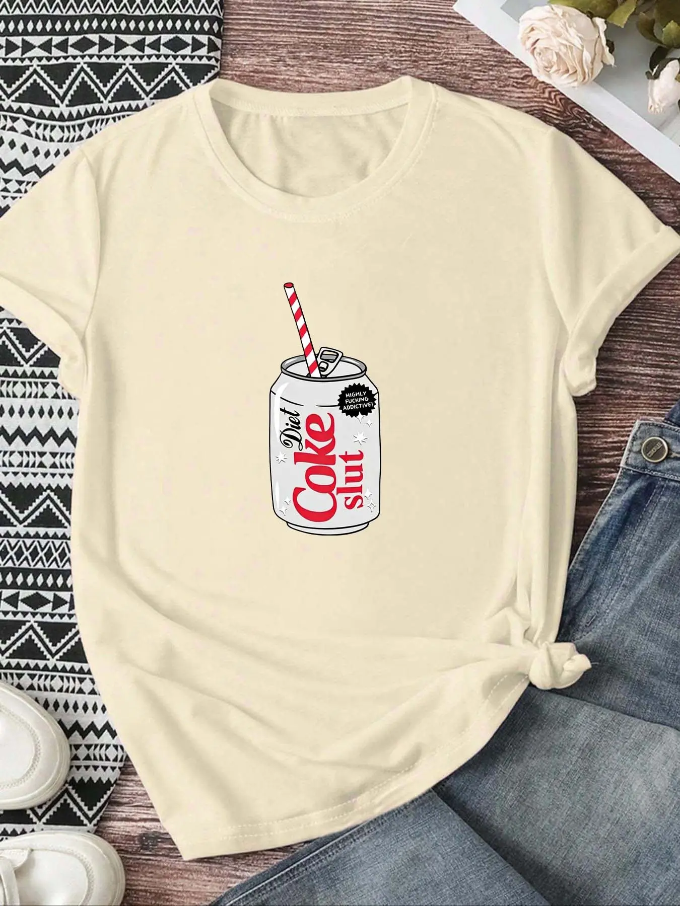 Coca-Cola Geometric Print Women's Short Sleeve Shirt Casual Style, Fitted Regular Fit, All Seasons, New Arrival, Comfortable Wear