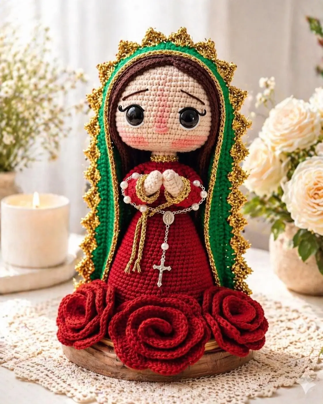 Handmade Virgen de Guadalupe Crochet Doll - Catholic Amigurumi Virgin Mary Gift for Home Decor & Altar