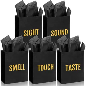 5 Senses  Bags for Him for Her with 10 count Tissue Paper, Paper Bags with Handles Five Senses Gifts for Valentines Christmas Birthday Wedding Anniversary(Black,8.3 x 4.3 x 10.6 Inch)