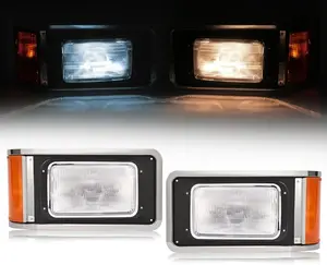 HECASA Pair Halogen & LED Headlights W/Bezels Bulbs Compatible with 1990-2017 Mack CH613 SFA Hood Truck Headlamp Set Driver & Passenger Side w/Turn Signal Bulbs Clear & Amber Lens