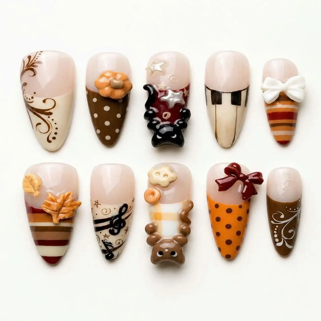 Cozy Fall Press On Nails, Brown Orange Stripes, 3D Pumpkin Bear and Leaf Charms, Piano and Music Note Details, Cute Autumn Nail Art