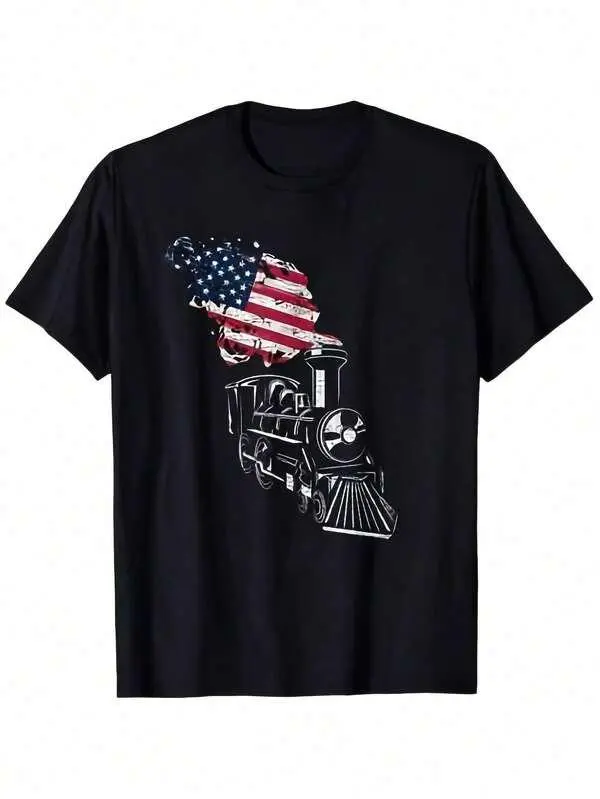 Men Vintage US Flag Train T-Shirt Heavy Steam Locomotive Graphic Tee Shirt With Red Railway Design Patriotic Railroad Worker Gift For Train Enthusiast