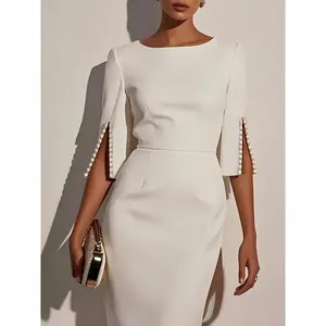 Elegant White Faux Pearl Classic Round-Neck Short-Sleeve Slim-Fit Midi Dress