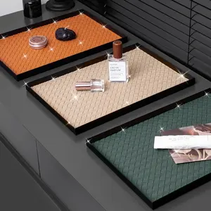 Decorative, rectangular woven pattern imitation leather, cosmetic accessories square storage tray, living room bathroom tray, Bathroom Organizer Supplies